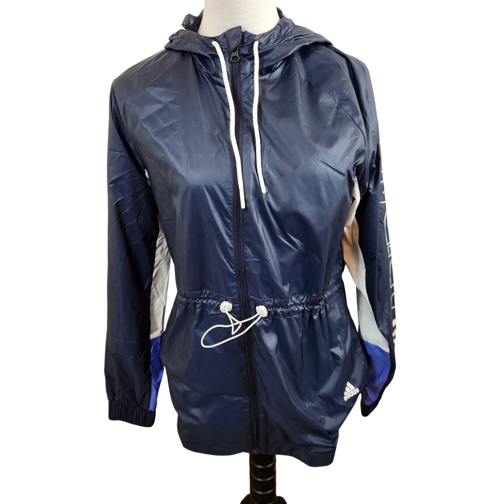 Adidas Women S Navy Blue Hooded‎ Lightweight Track Jacket Drawstring Waist